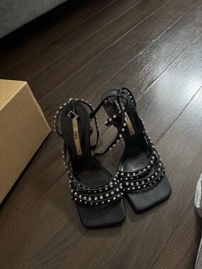 Zara Black Studded Square-Toe Ankle-Strap Heels